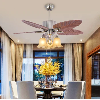 

Chinese Style Wood Carving Leaf Fan Light Living Room Dining Decorative Ceiling Fan Light with Remote Control LED Fan Lamp E27