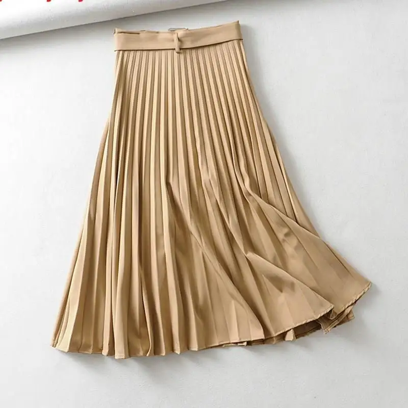 Женские офисные однотонные плиссированные юбки с поясом, шикарные женские осенние юбки в винтажном стиле, повседневные длинные юбки