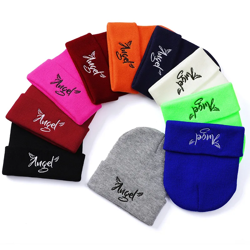 

10 Colors Angle Embroidery Winter Hat Beanies For Women And Men Skullies Cuffed Knitted Beanie Cap Female Letters New Headwear