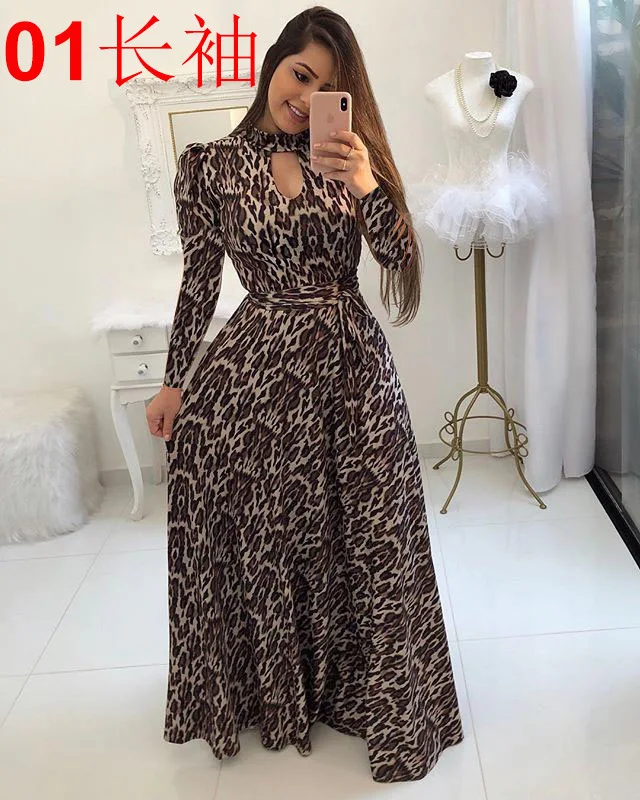 Новое богемное длинное платье с принтом большое женское платье Элегантное повседневное шифоновое длинное платье с цветочным принтом высокого качества - Цвет: sleeve Leopard Print