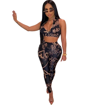 

Summer Women Set Tracksuit Casual Print Zipper Crop Top Pants Set Suits Party Two Piece Matching Set Sexy 2 Piece Club Outfits