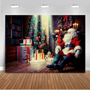 

Neoback Christmas Backdrops Fireplace Christmas Tree Santa Claus Bookshelf Pattern Custom Background for Photo