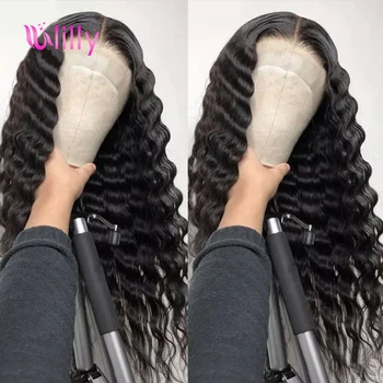 

Indian Deep Wave Human Hair Wigs For Women 360 Lace Frontal Wig Pre Plucked Bleached Knots Wigs 180 Density Curly Hair