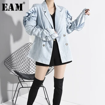 

[EAM] Loose Fit Blue Ruffles Split Joint Denim Short Jacket New Lapel Long Sleeve Women Coat Fashion Tide Spring 2020 WK25305
