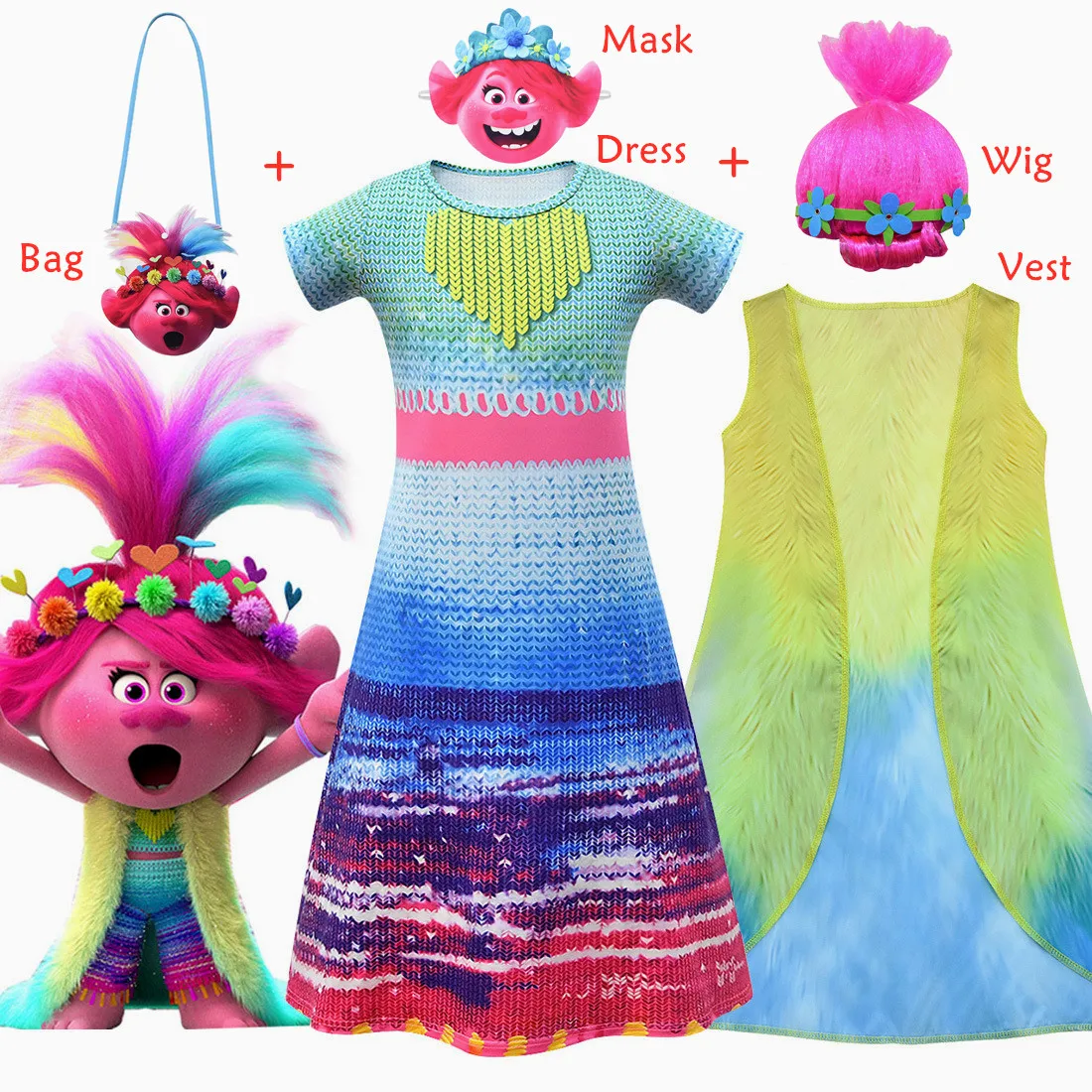 

Trolls 2 Cosplay Halloween Costume New 2020 Kids Girls Anime Dress Carnival Funny Party Clothing With Vest Wig Mask Bag For Girl