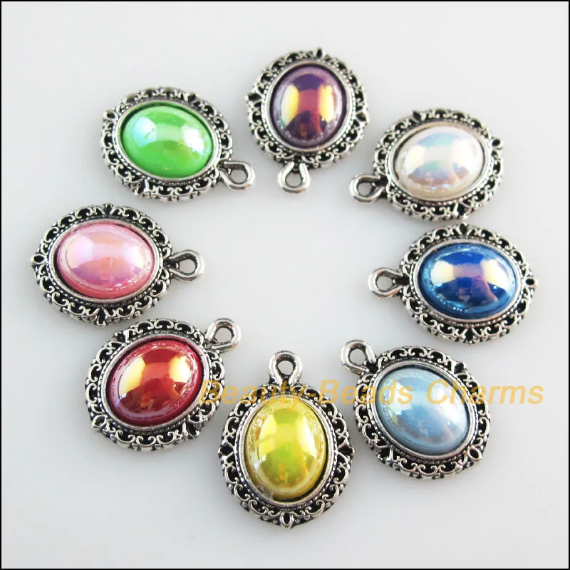 

16 New Charms Mixed Acrylic Flatback Oval Pendants Tibetan Silver Tone 13.5x18mm