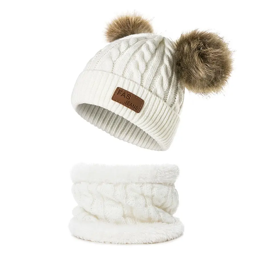 Canreal/ зимний комплект из шапки и шарфа для мальчиков и девочек, одноцветная вязаная шапка с помпонами, плотная шапка для малышей, теплая шапка для малышей 0-3 лет