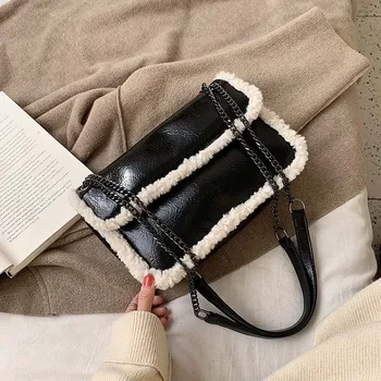 

2020 New Women Bag Quality Pu Leather Faux Fure Shoulder Bag Chains Large Handbag Casual Female Winter Crossbody Messenger Bags