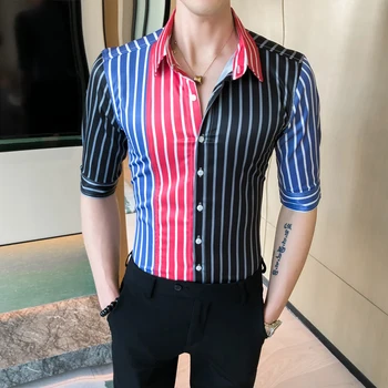 

British Style Men Striped Shirts Summer Men Clothes 2020 Half Sleeve Spliced Shirt Men Slim Fit Casual Work Shirt Man Clothing