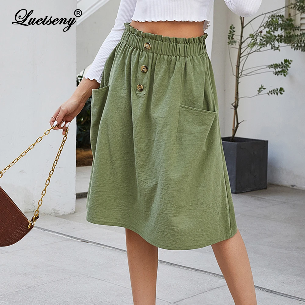 

LUEISENY Summer Elegant Skirts Women Cotton Solid Elastic Pockets Skirt Mujer Faldas Casual Button Jupe Femme Jupes Saias Mulher