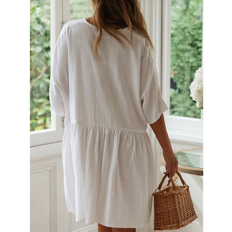 Bikini White Beach dress Cotton Beach Cover up Kaftan Beach Pareos de Playa Mujer Saida de Praia Pocket Cover-ups Swimsuit