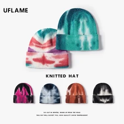 UFLAME Beanies Hat for Women Men Tie-dye Knitted Hat Hip Hop Bonnets Winter Autumn Unisex Warmer Hat Thick Warm Skullies Beanies