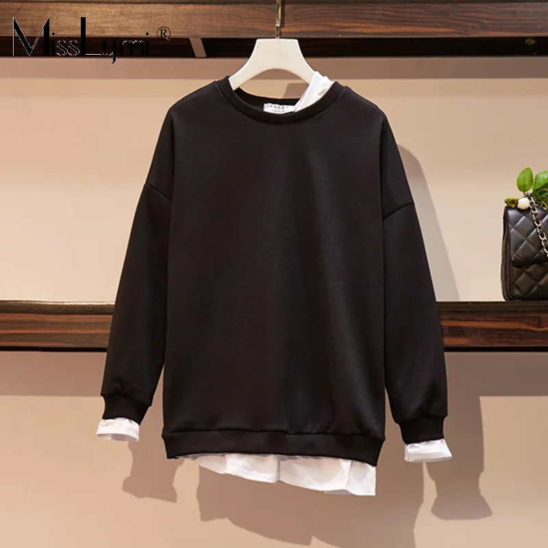 XL-4XL размера плюс женский хлопковый свитер осень мода длинный рукав пэтчворк поддельные две части Свободные повседневные топы зеленого цвета