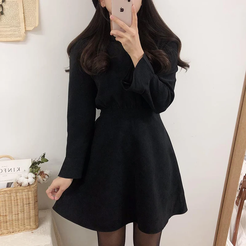 Маленькое черное мини-платье популярное Женское зимнее базовое черное платье элегантный дизайн корейский темперамент леди галстук-бабочка милое винтажное платье 1203