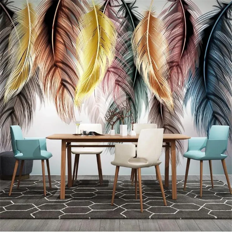 Large 3D wallpaper mural custom hand-painted Nordic modern color feather TV sofa background wallpaper mural