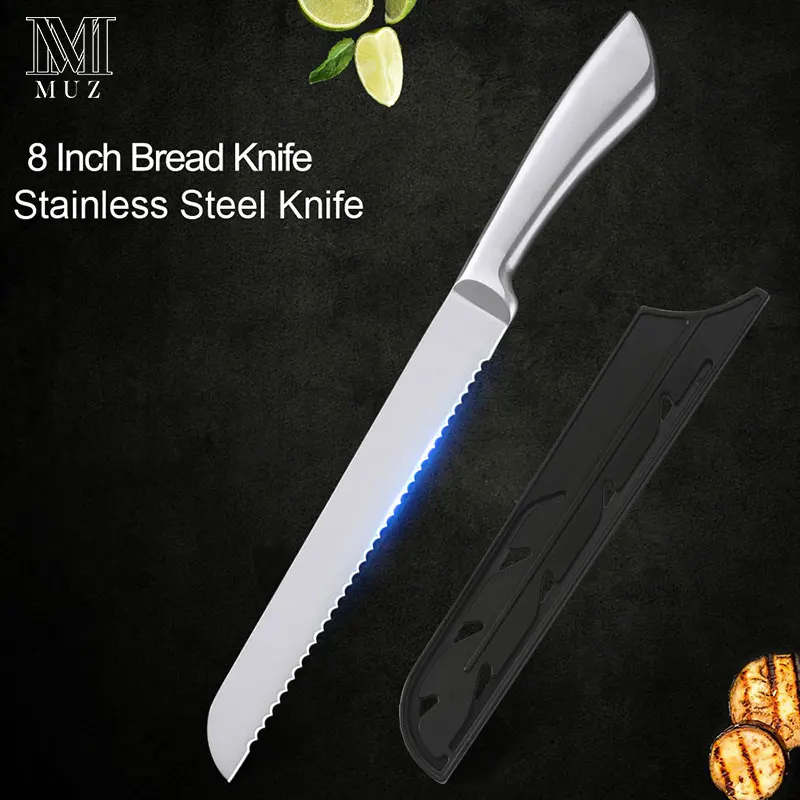8 inch Bread Knife Набор ножей из нержавеющей стали, кухонные принадлежности, столовые приборы для очистки овощей, утилита Santoku, нож для нарезки хлеба с зубчатым покрытием, нож для шеф-повара, Покрытие оболочки - Цвет: 8 inch Bread Knife