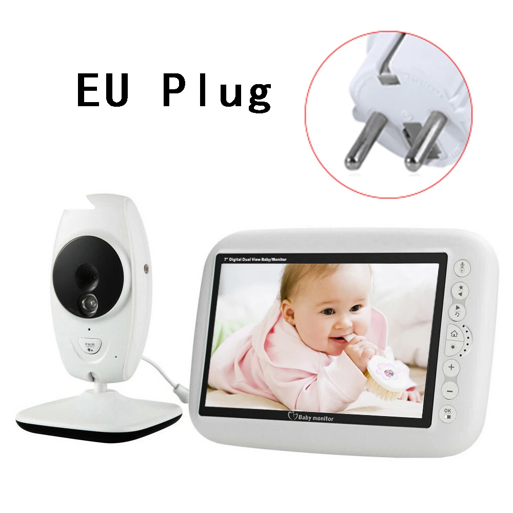 EU Plug 7 дюймов Видеоняни и радионяни 720P HD Камера большой ЖК-дисплей Экран Беспроводной няня видео работающий на линии внутренней связи инфракрасный Ночное видение Температура мониторинга 4 Колыбельная - Цвет: EU Plug