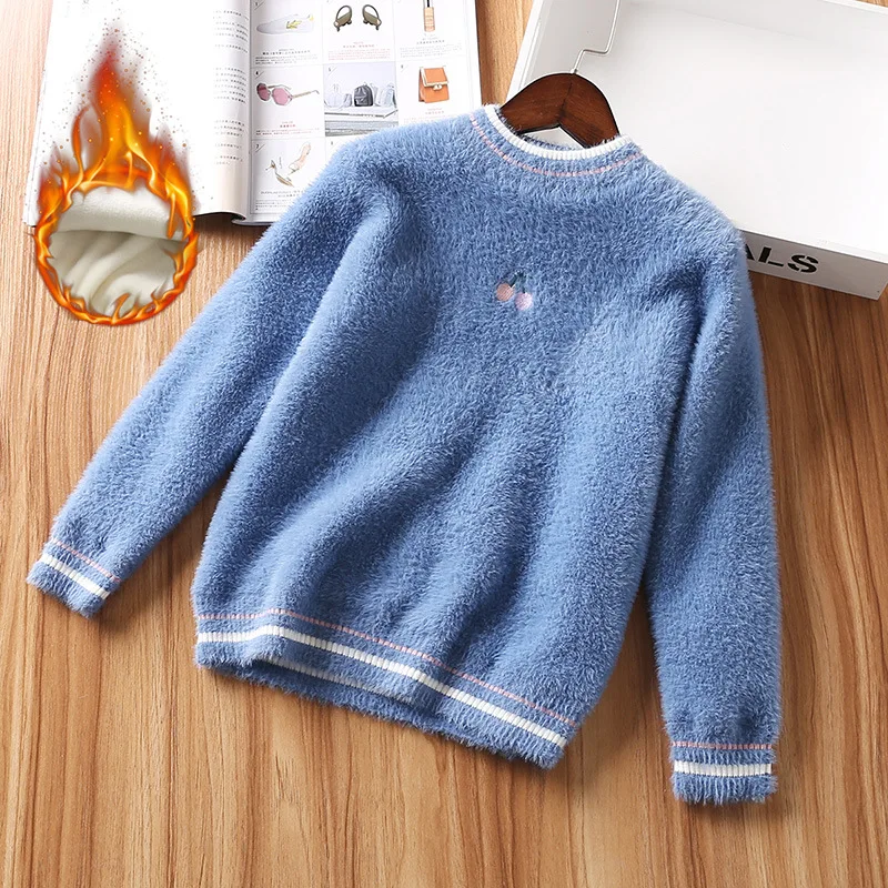 blue plus velvet Зимние Свитера для девочек; Пушистый пуловер с бархатной подкладкой; пуловеры для девочек; плотные теплые свитера; вязаная одежда для маленьких девочек; детская одежда - Цвет: blue plus velvet