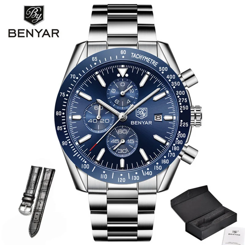 Часы мужские роскошные брендовые BENYAR мужские синие часы с силиконовым ремешком наручные часы Мужские часы с хронографом мужские часы Relogio Masculino - Цвет: Blue Strap S