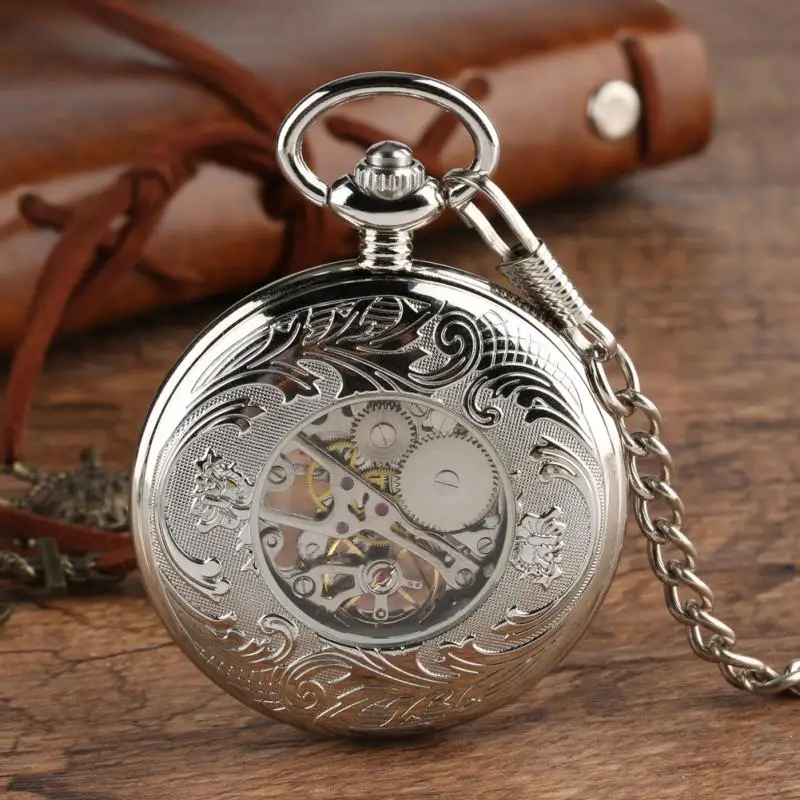 Luxury Silver Roman Numerals Display Skeleton Clock Men Women Hand Winding Mechanical  Pocket Watch Pendant Chain Half Hunter