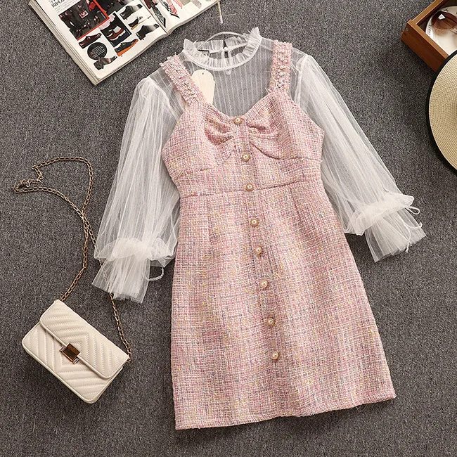 

Fashion Elegant Female 2019 Autumn Two Piece Set Tweed Small Fragrance Wind Sling Dress + Mesh Perspective Chic Shirt Women Sets