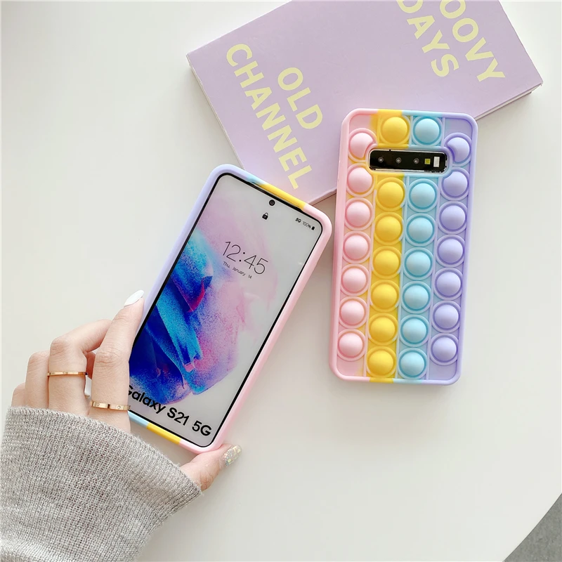 silicone cover with s pen Pop Bubble Fidget Toys Case For Samsung Galaxy S21 S20 FE S10 S9 Plus Note 9 10 20 Ultra 5G Rainbow Beans Cartoon Unicorn Cover samsung flip phone cute