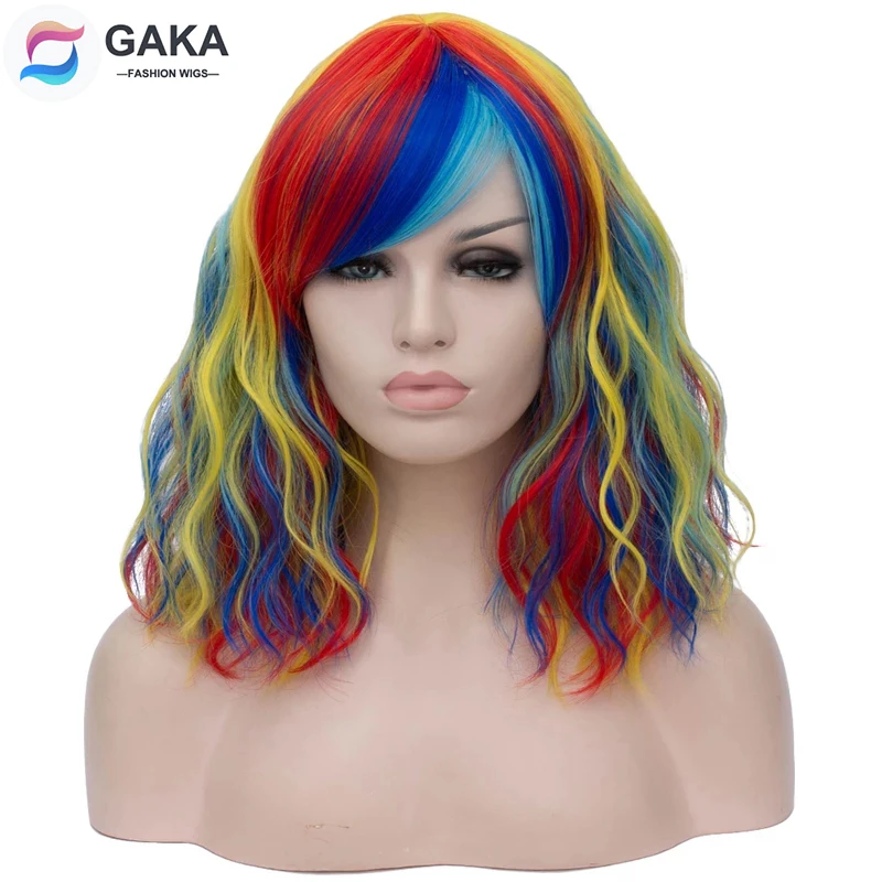 

GAKA Women Cosplay Wavy Wig 14 inch Short Bob Wigs with Side Bangs Rainbow White Color with Highlights Ombre Hair