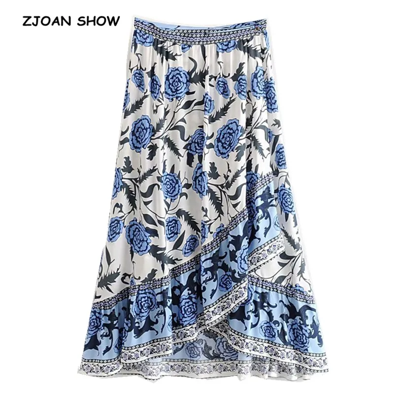 

2019 New Bohemian Blue White Flower Print Front Split Ruffles Hem High Waist Asymmetrical Swing Women Wrap Skirts Holiday