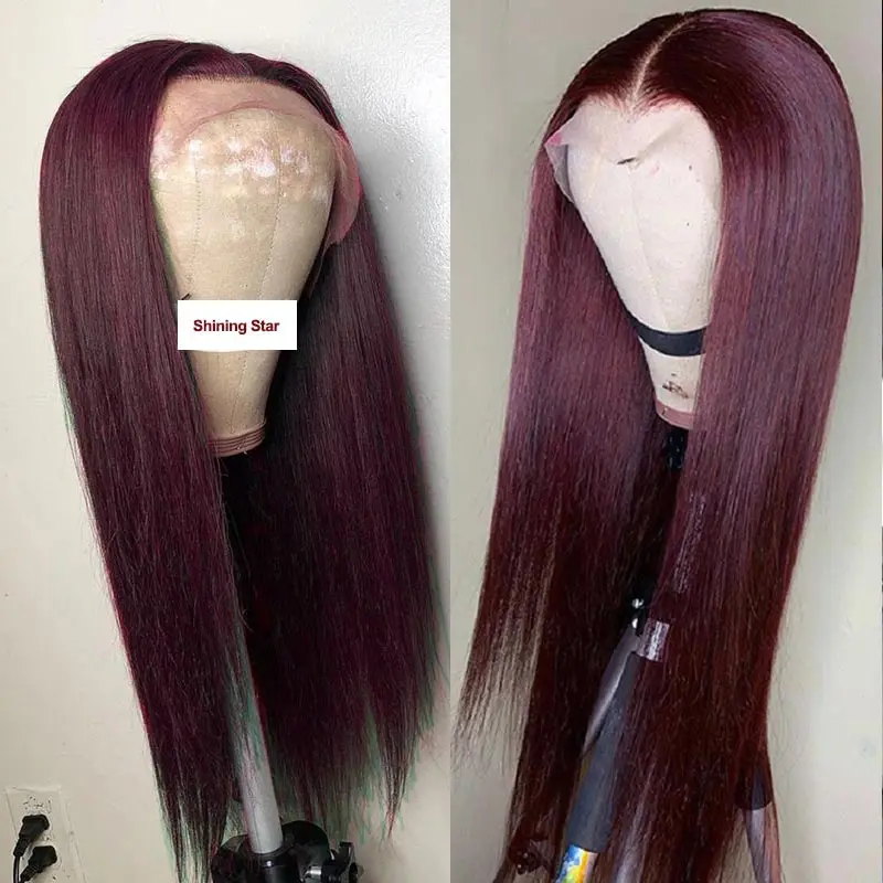 US $66.38 Burgundy Lace Front Human Hair Wigs 99j Human Hair Wig Brazilian Straight Lace Part Wig PrePlucked Remy Hair Shining Star 180