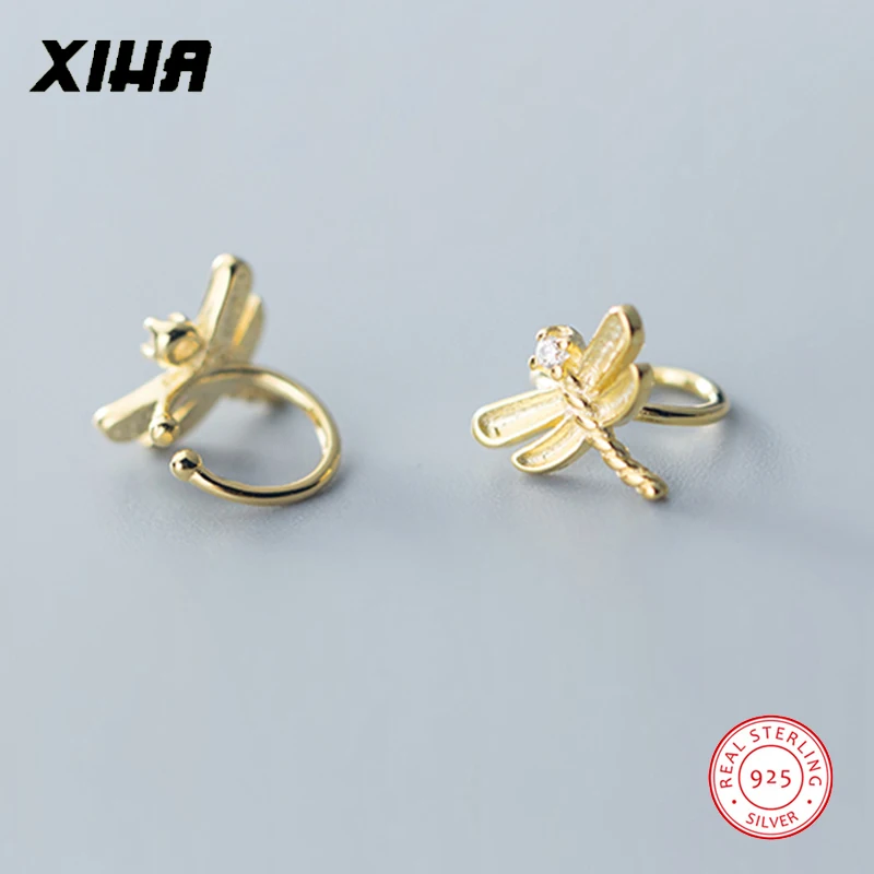 XIHA Золотая стрекоза клип на серьги для женщин без пирсинга корейские циркониевые манжеты ушные клипсы 925 пробы серебряные серьги
