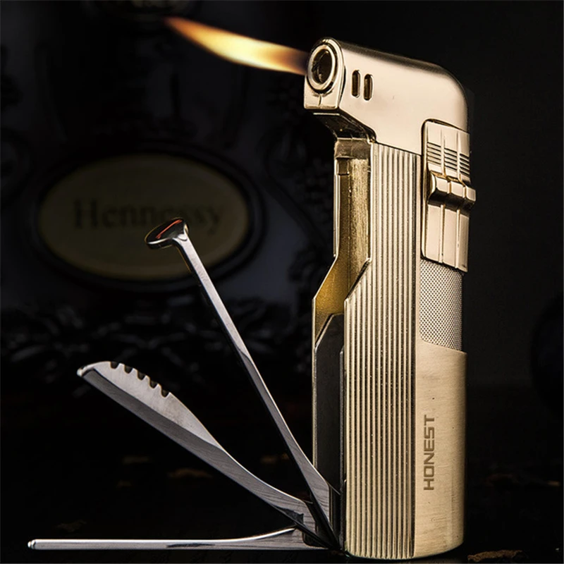 Multifunctional Special Pipe Machine Oblique Fire Vintage Retro Open Flame Lighter Inflatable with Tobacco Knife Pressure Rod Sc | Дом и сад