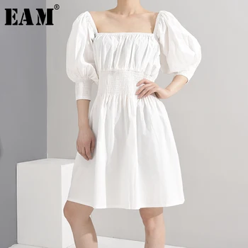 

[EAM] Women White Pleated Vintage Dress New Square Collar Half Puff Sleeve Loose Fit Fashion Tide Spring Summer 2020 1W03600