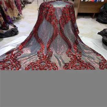 

2019 African Net Lace Fabric, High Quality Elegant red Sequins Nigerian Wedding Lace Fabrics 5Yards Sequins French Tulle lace