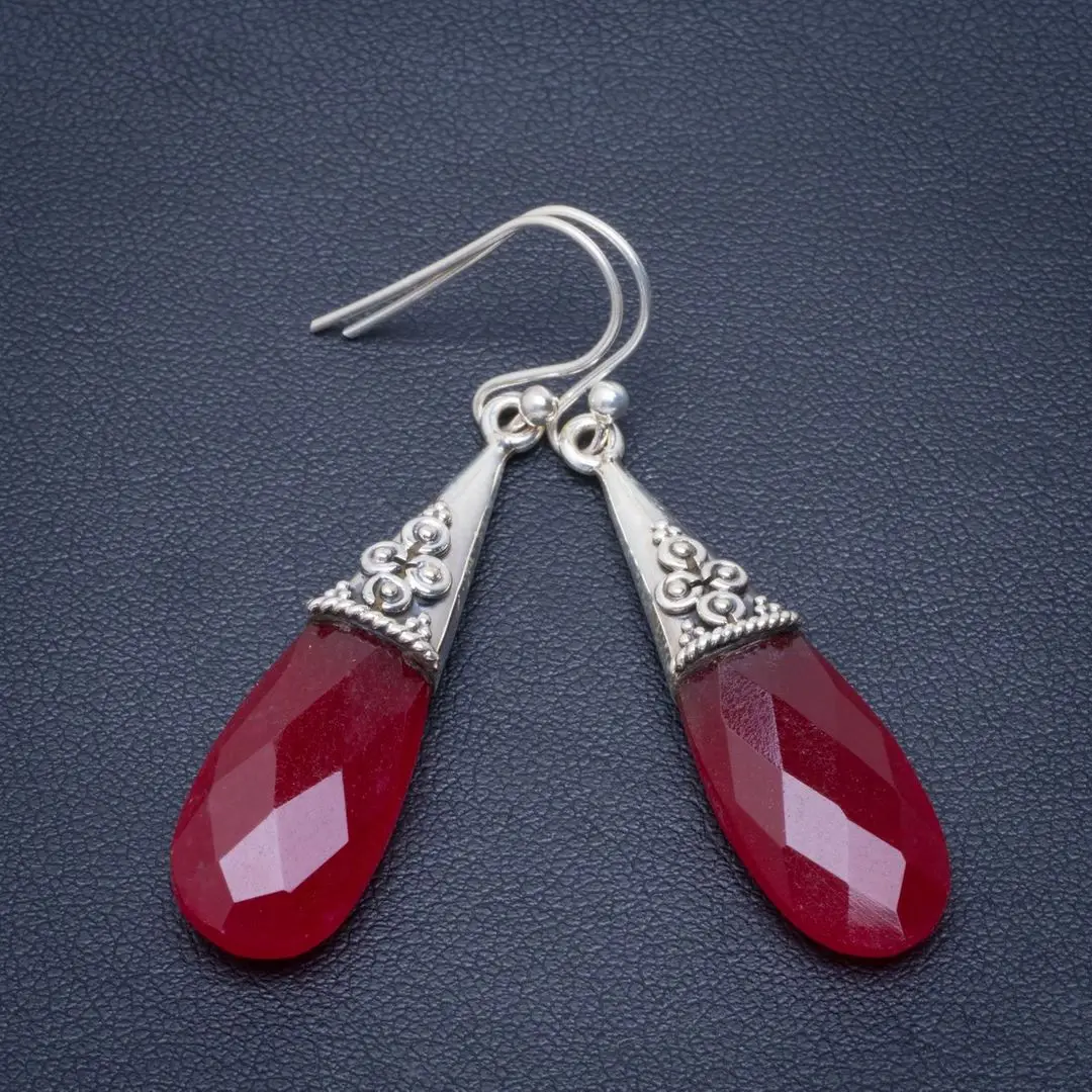 

Natural Cherry Ruby Handmade Unique 925 Sterling Silver Earrings 2" B2524