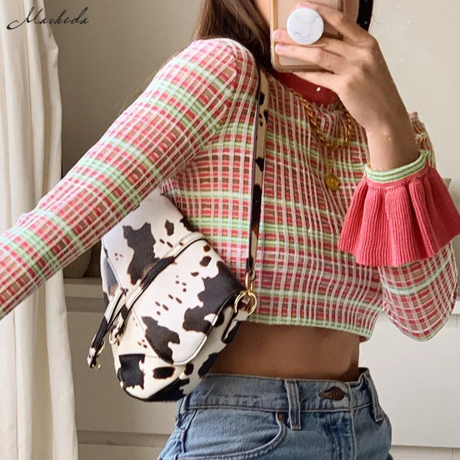 

Macheda Autumn Women Pink Plaid Top Casual O-Neck Flare Long Sleeve Slim Pullovers Crop Top Lady Fashion Streetwear Tee 2019