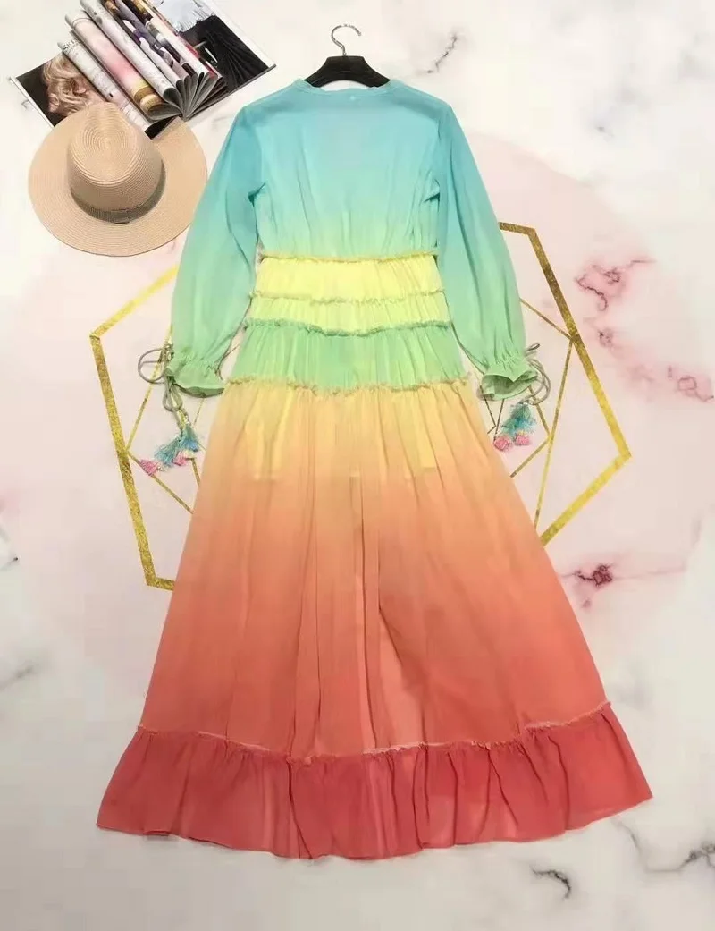 Весна лето модное сексуальное длинное платье высокого качества женское с v-образным вырезом милое Радужное цветное с принтом с длинным рукавом богемное пляжное платье