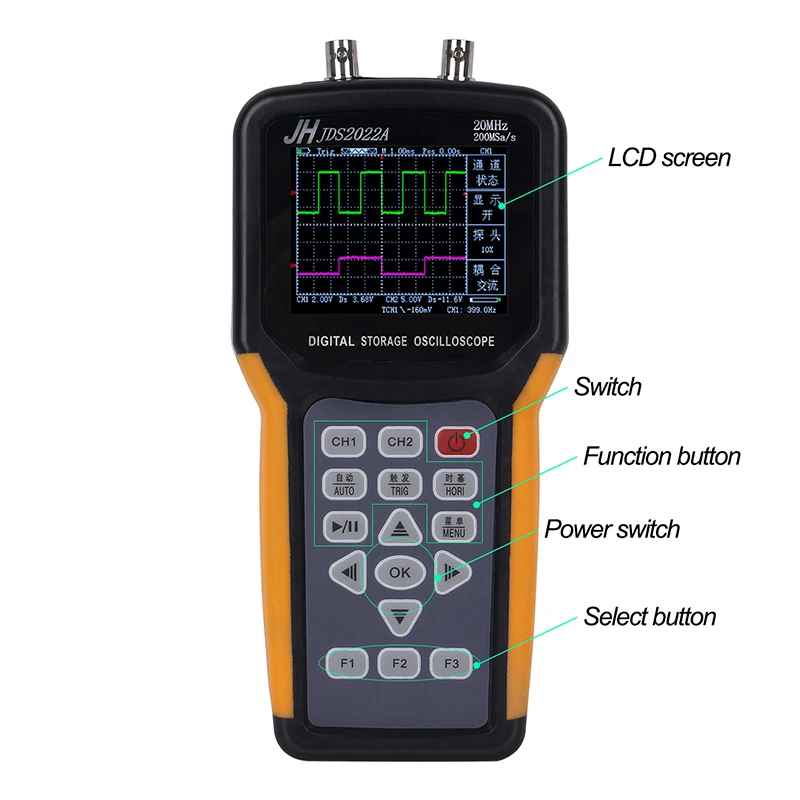 AC100-240V 200 MSA/s частота дискретизации 20 МГц осциллограф TFT Ручной ЖК-дисплей цифровой осциллограф мультиметр JDS2022A 2 канала