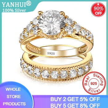 

With Certificate 100% Original 925 Solid Silver Rings Set For Women 2.0Ct Natural Zirconia Pure Gold Wedding Rings Set For Bride