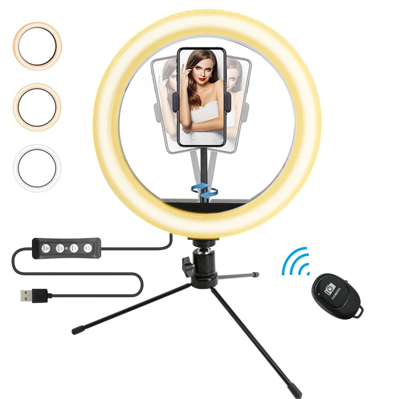 

LED Selfie Ring Light with Tripod and Phone Holder 10inch Adjustable desktop makeup Circle Light for Tiktok livestreaming