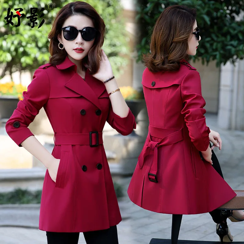 Новинка, весеннее пальто, осеннее пальто, Женское пальто, классический двубортный плащ средней длины, приталенный пояс, однотонная верхняя одежда - Цвет: Red wine