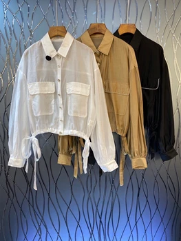 

2020 Spring and Summer New Women's Lapel Symmetrical Pocket Decoration Solid Color Bat Sleeve All-Match Shirt 629