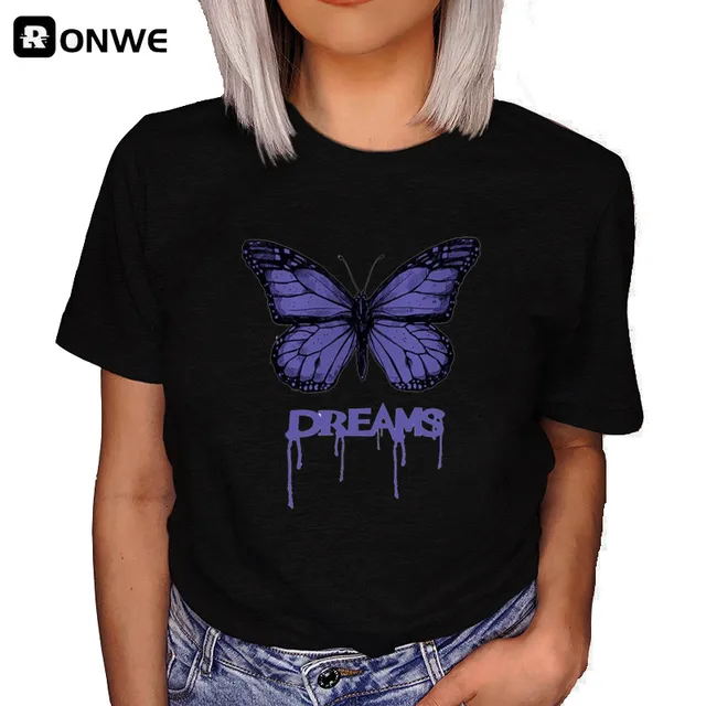 Woman Butterfly Tree Print Harajuku Summer Tshirts Casual Round Neck Short Slee Top Tee Shirt,Drop Ship T333B-Black
