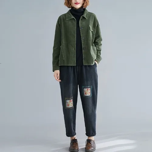 Army green Вельветовые пальто и куртки, женская модная куртка с длинным рукавом и отложным воротником, винтажная Повседневная однобортная верхняя одежда с карманами - Цвет: Army green