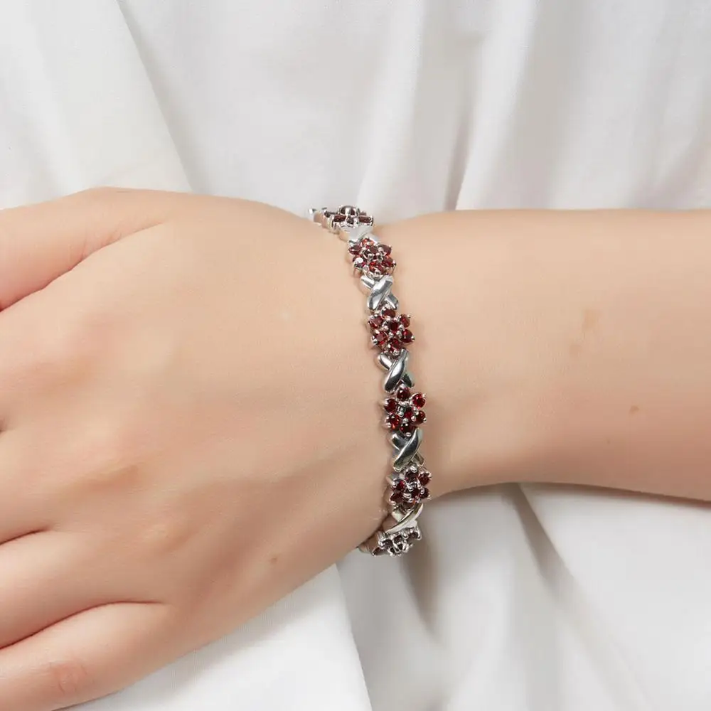 Hutang Solid 925 Sterling Silver Flower Bracelet for women Natural 7.7Ct Garnet Fine Jewelry