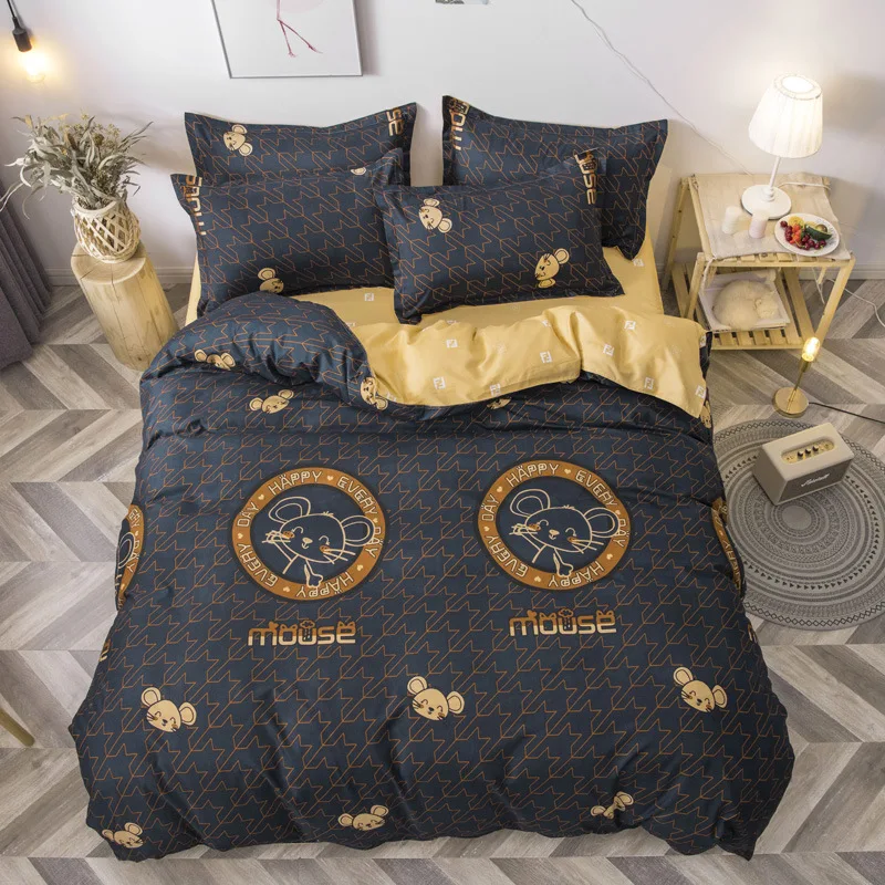 

AB side with dark and yellow bedding set cartoon mouse men boy duvet cover 4pcs bed set bedding queen size bed sheet linen sale