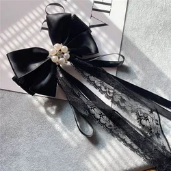 Vintage Pearl Flower Brooch Bow Tie Lace Ribbon Collar Pin Ties Necktie College Uniform Shirt Blouse Student Women Accessories