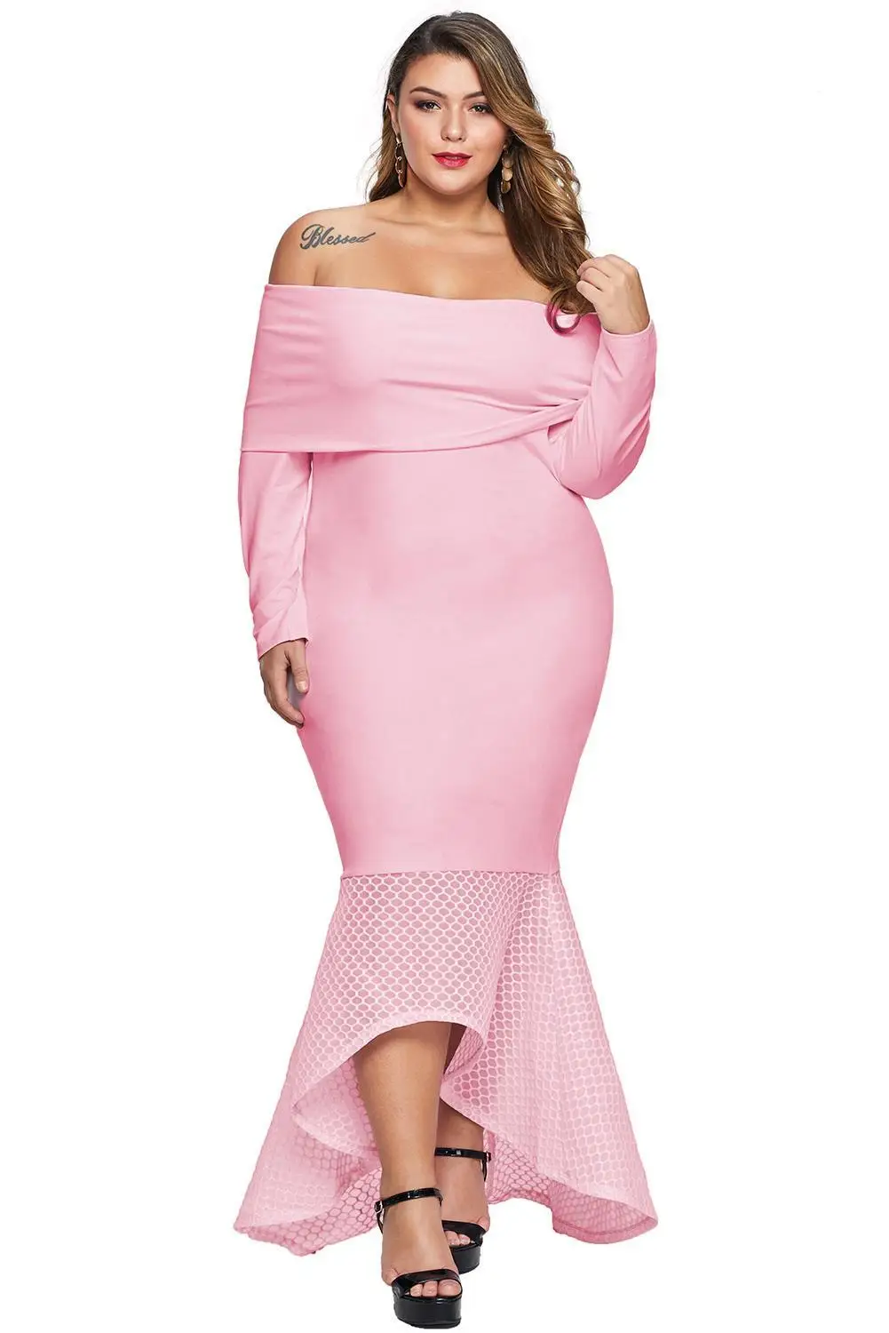 Черное платье с открытыми плечами, рыбий хвост размера плюс, макси платье для женщин, плюс размер, 5XL, 4XL, 3XL, Hi-low Hem, облегающее, вечерние, обтягивающее платье - Цвет: Розовый