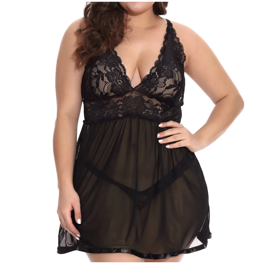 XL-4XL плюс размер платье женское черное кружевное ночное белье супер сексуальные домашние платья для женщин топы и трусики Комплект из двух предметов Неглиже