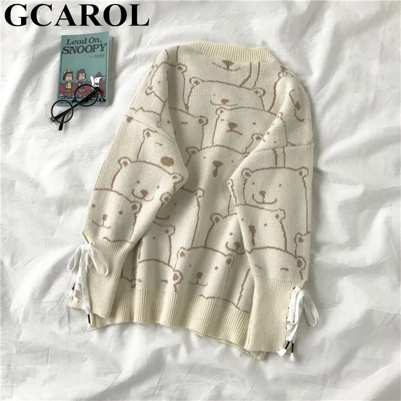 GCAROL, Зимний Рождественский свитер с изображением медведей из мультфильма, объемный длинный джемпер с заниженным плечом, стильный джемпер с завязками на манжетах