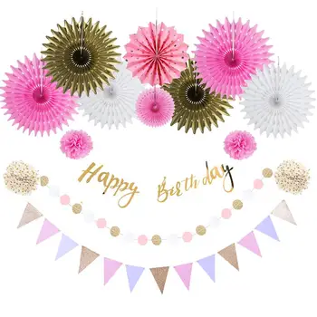 

Pink Gold Happy Birthday Banner Paper Fans Girl Kids Adult Birthday Party Decorations Baby Shower Supplies Wedding Party Decor